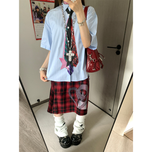 创意领带印花复古竖条纹衬衫 衬衣上衣 男女春痞帅百搭休闲宽松短袖