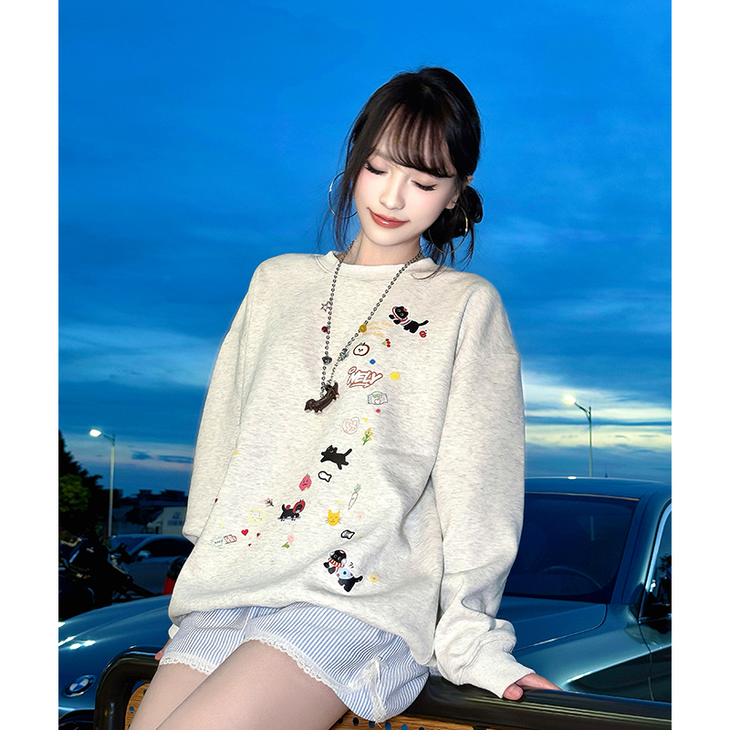 小狗猫咪印花圆领卫衣