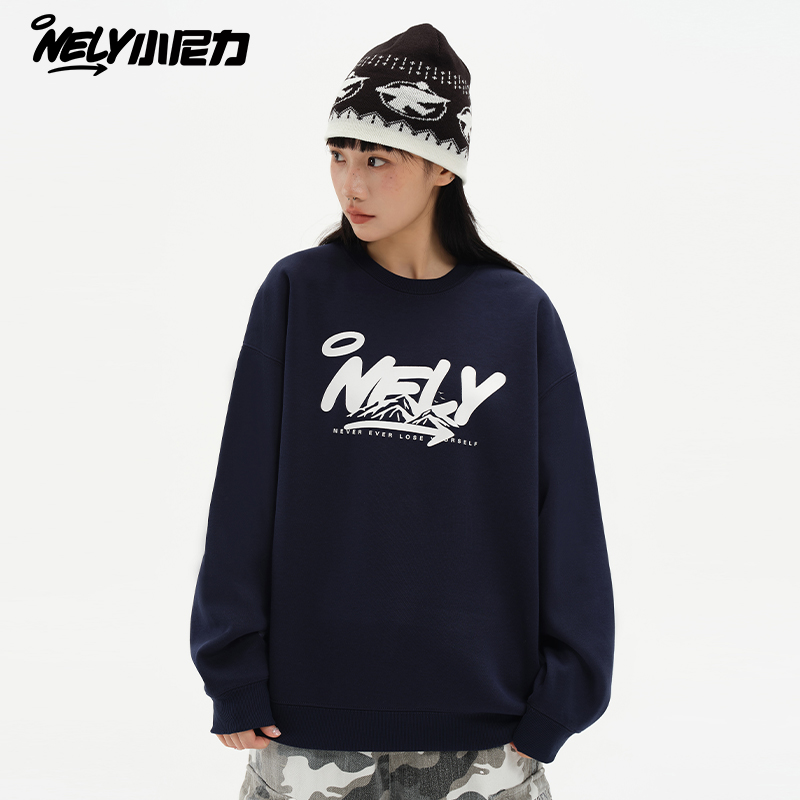 美式复古LOGO印花圆领卫衣加绒