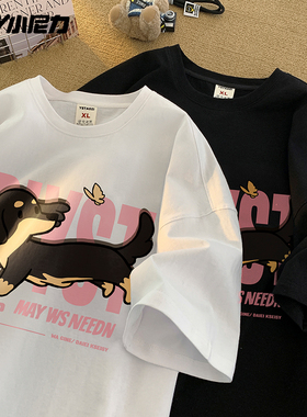 NELY小尼力纯棉美式复古卡通小狗短袖t恤男女夏季宽松学院风上衣