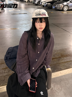 小尼力复古藏青格纹长袖衬衫设计感小众宽松休闲衬衣外套上衣男女