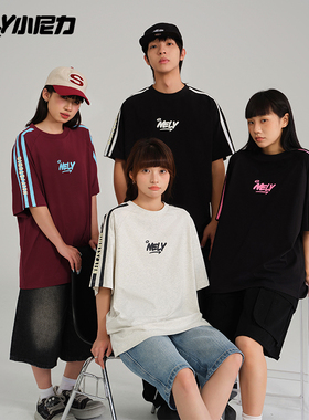 NELY小尼力国潮牌情侣美式凉感索罗娜LOGO短袖情侣款拼接条纹T恤