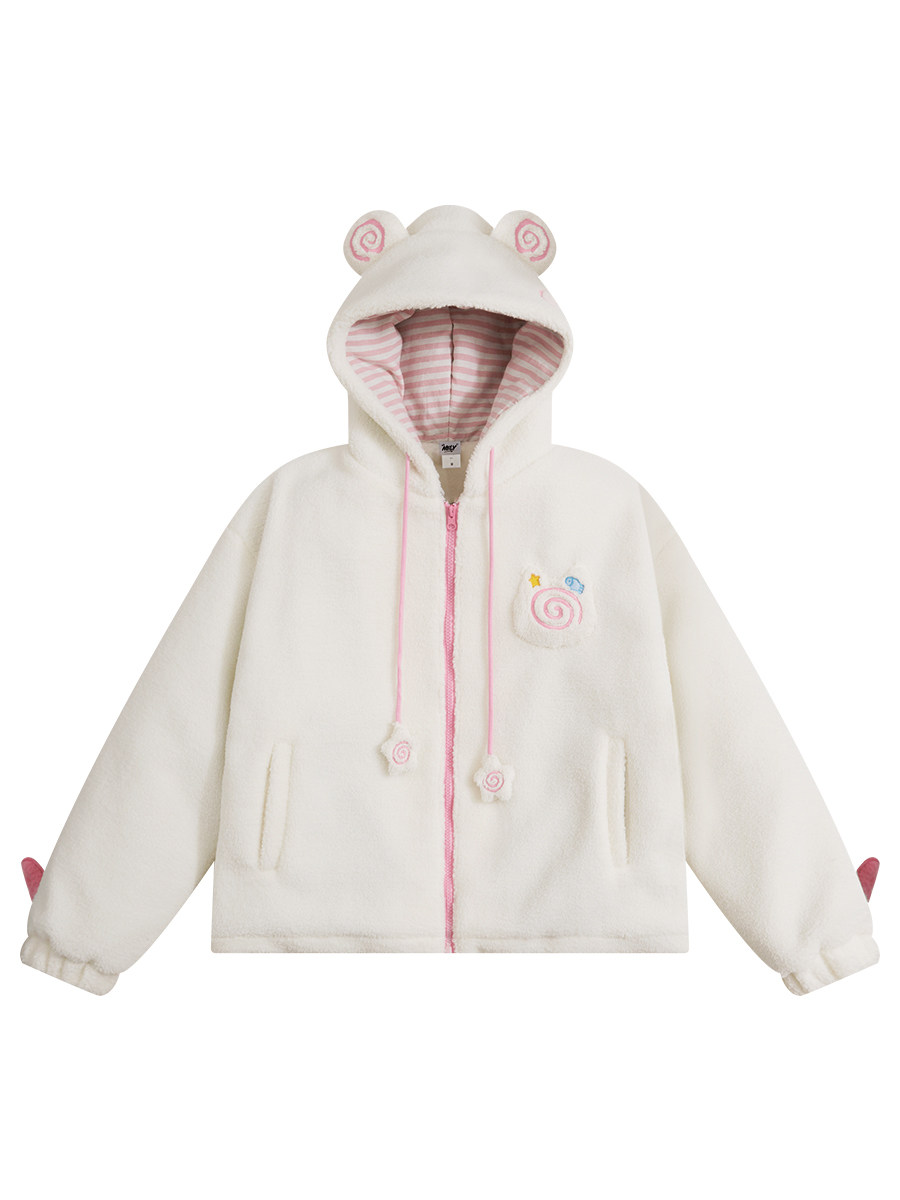 Spring New Sweet and Cute Fish Cake Ears Lamb Wool Cotton Coat Women's Warm Hooded Jacket Trendy