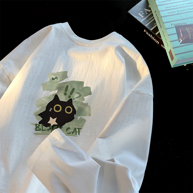 猫咪印花复古潮牌长袖T恤