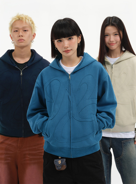 小尼力秋冬立体感连帽贴布刺绣宽松休闲外套卫衣短款boxy版型男女