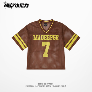 网眼透气V领短袖t恤男女款夏季美式复古冰丝球衣潮牌街头运动体恤