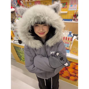 NELY小尼力国潮创意设计感考拉毛领棉服男女冬季情侣工装棉衣外套