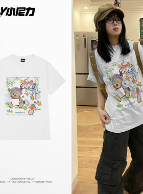 NELY小尼力卡通小熊猫咪短袖男女情侣2026夏新款舒适百搭T恤上衣