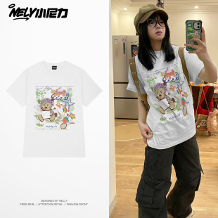 NELY小尼力卡通小熊猫咪短袖 舒适百搭T恤上衣 男女情侣2026夏新款