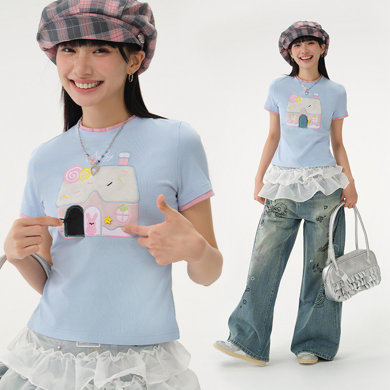 NELY小尼力夏季2026新款多巴胺糖果屋正肩短袖t恤女短款修身上衣