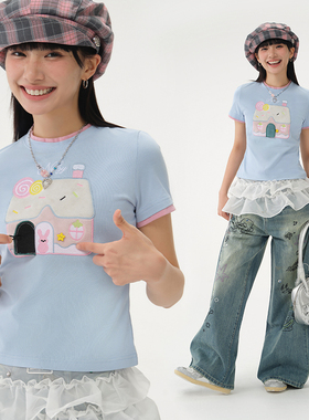 NELY小尼力夏季2026新款多巴胺糖果屋正肩短袖t恤女短款修身上衣