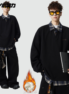 小尼力复古格纹假两件拼接翻领卫衣男女秋季宽松撞色休闲POLO衫