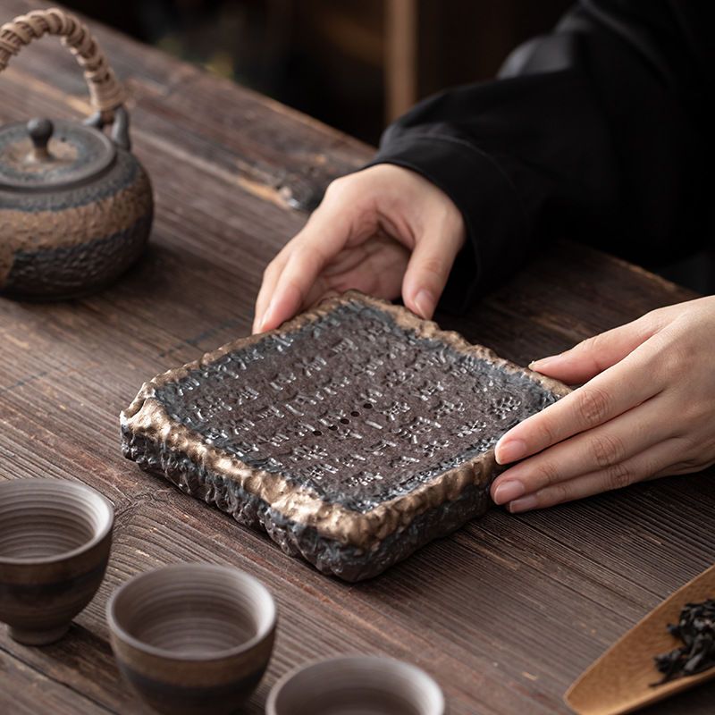 心经壶承日式鎏金铁釉小号粗陶壶壶托养壶承储水干泡台壶垫茶盘