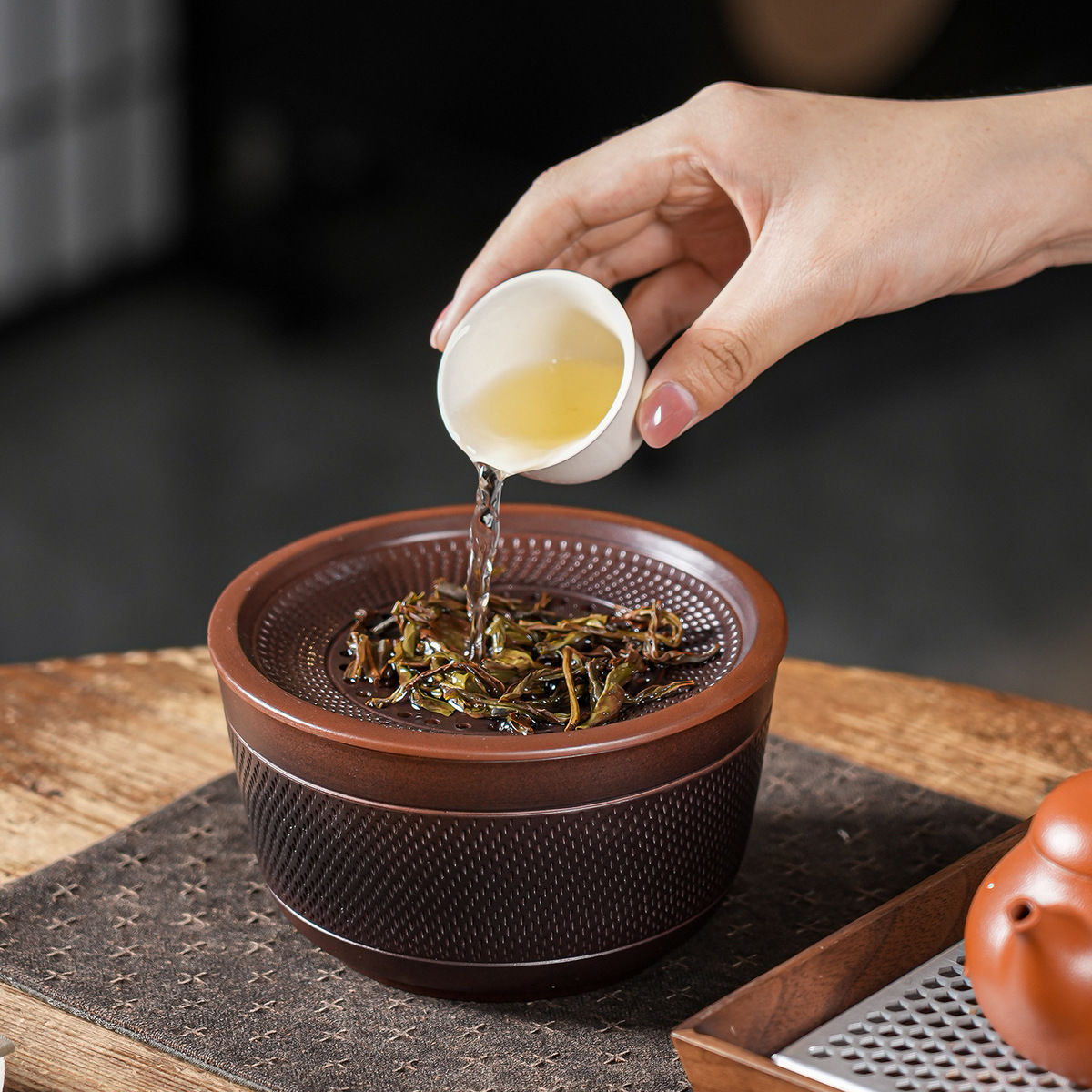 紫陶复古水盂茶洗建水茶渣分离废水缸家用粗陶过滤茶水跳刀茶渣缸