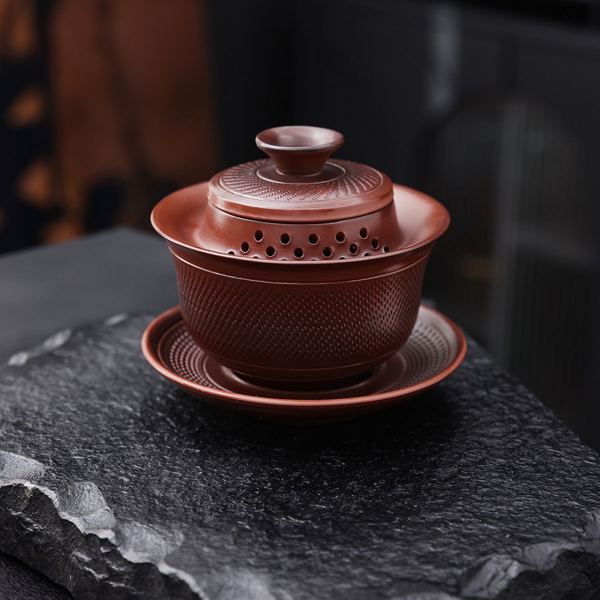 紫陶三才盖碗茶杯功夫茶具家用泡茶碗复古防烫紫砂盖碗茶具