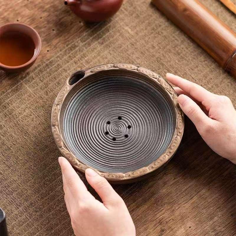 粗陶鎏金壶承原矿老岩泥茶托蓄水
