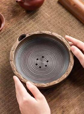 原矿粗陶鎏金壶承日式干泡台古朴粗矿茶承储水壶拖家用茶道零配件