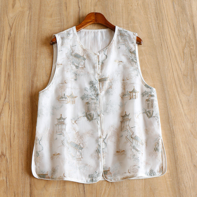 ￥459 秒！ 新中式重工刺绣真丝欧根纱马甲外套汉服女1T05