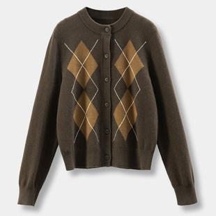 菱格复古老钱100绵羊毛圆领毛衣开衫 女79E7 秒 ￥319