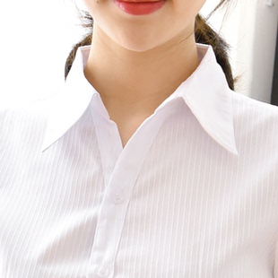 白色收腰棉工服商务ol面试正装 新款 V领职业装 宽条短袖 女条纹衬衫