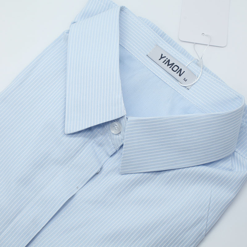 浅蓝竖纹女方领面试修身风白衬衣