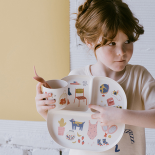 法国EKOBO爱可博竹纤维儿童插画餐具分割盘餐盘叉勺杯子四件套装