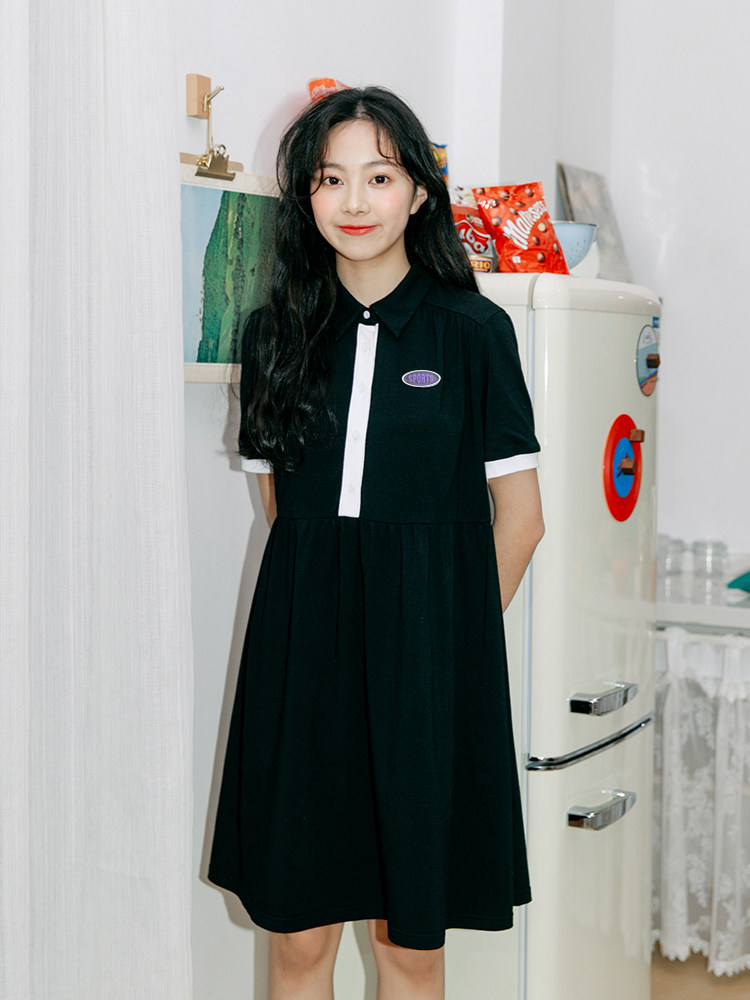 Nap homemade Japanese black retro short-sleeved dress female summer student loose version high waist thin doll skirt