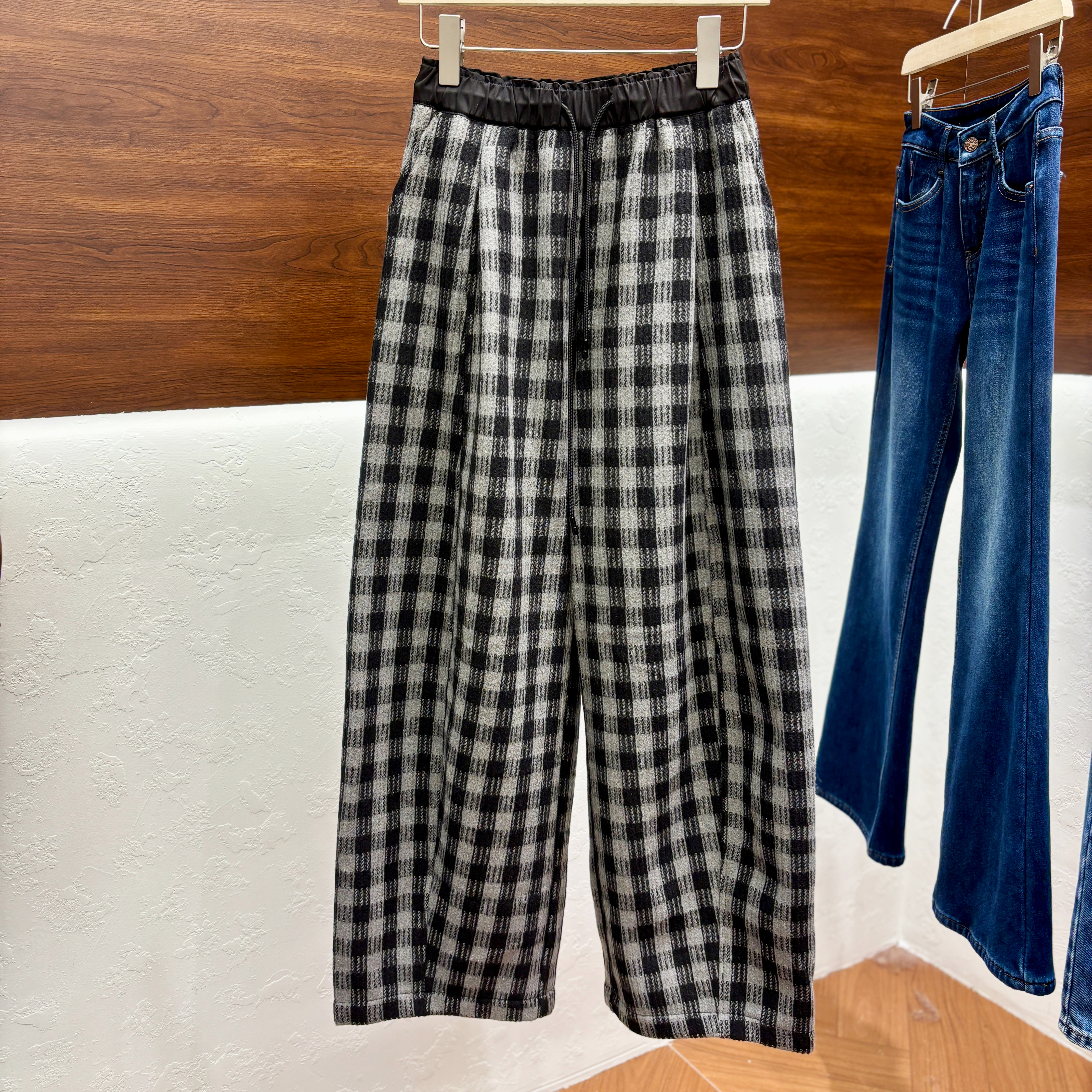 韩系毛呢格子裤冬加绒加厚松紧腰宽松阔腿裤小个子长裤卡麦67166