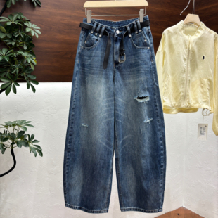 060 宽松显瘦遮肉弯刀裤 欧洲站2026春夏美式 复古风破洞阔腿牛仔裤