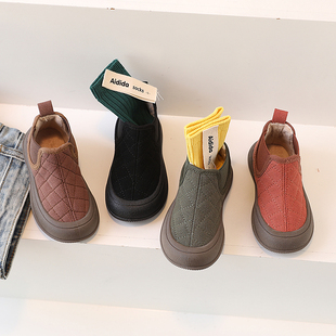 韩版儿童高帮帆布鞋2024冬季加绒男女童短靴软底一脚蹬宝宝布靴潮