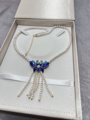 新中式国风纯银烧蓝蝴蝶款珍珠项链牡丹花吊坠流苏淡水珍珠毛衣链