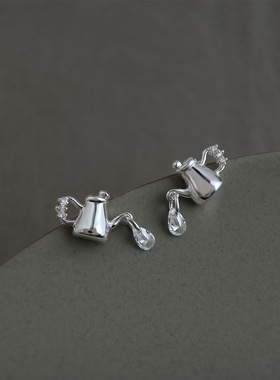 GGW 趣味个性精致锆石水壶水滴耳钉925银针小众创意耳环可爱耳饰