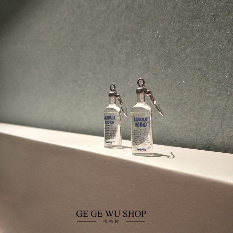 GGW手作 树脂仿真迷你酒瓶耳环925银耳勾洋白酒无耳洞耳夹实拍