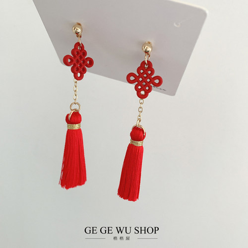 ggw手作过年喜庆大红中国结耳环