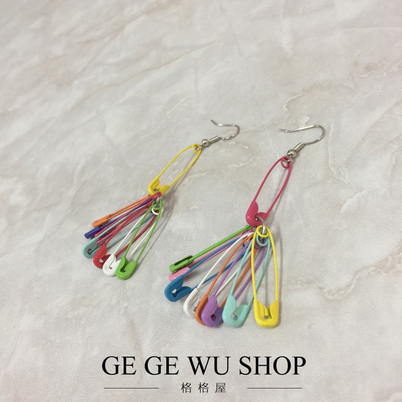 GGW手作 原宿风混搭彩色别针耳环925纯银耳勾无耳洞耳夹实拍春夏