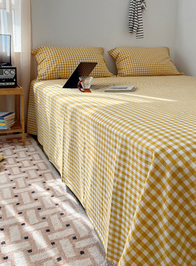 BO小格子床单 单件纯棉全棉水洗棉纯1.5床1.8宿舍1.2姜黄色