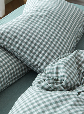 BO枕套一对水洗棉全棉纯棉枕头套枕芯套单人简约草绿色格子浅绿翠