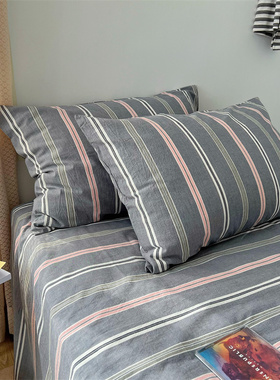 一对BO枕套格子2水洗棉全棉纯棉枕头套枕芯套单人48*74简约灰色条