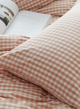 BO枕套一对 全棉纯棉水洗棉枕头套枕芯套单人48*74格子粉黄色驼棕