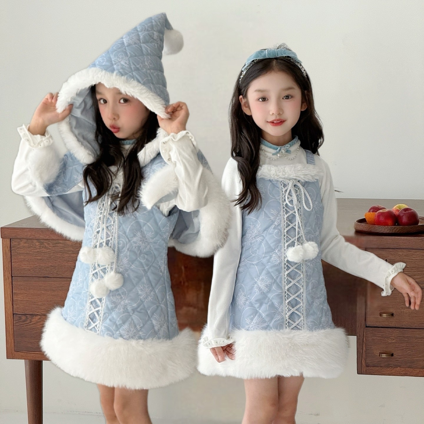 小香风女童连衣裙+斗篷棉服套装