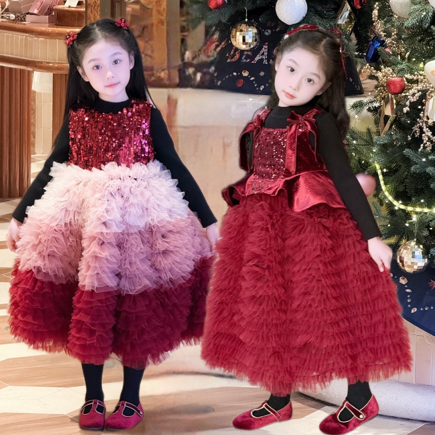 圣诞节礼服女童亮片网纱蛋糕裙