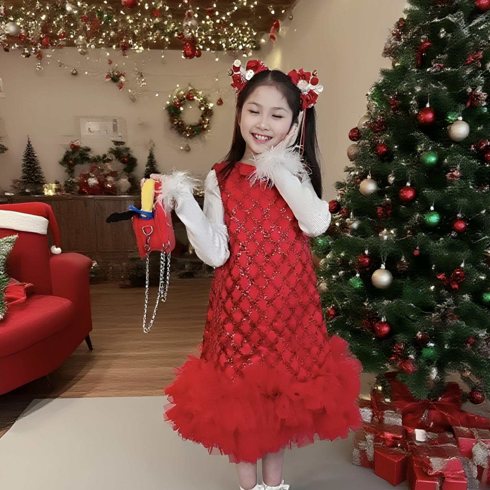 圣诞节女童红色亮片连衣裙