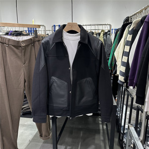 2023冬季拼接PU皮修身羽绒服夹克韩版修身保暖白鸭绒保暖翻领外套