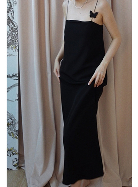 Fuyu 法式复古优雅经典赫本风气质蝴蝶连衣裙休闲长裙黑色吊带裙