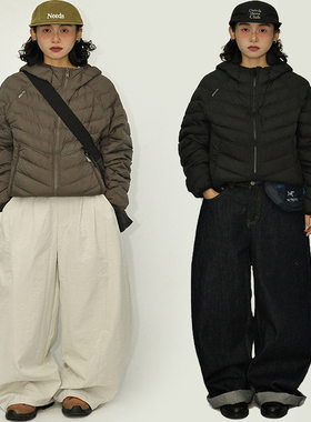 咕噜喔 冬季双面穿90白鹅绒街头简约户外连帽轻量化排骨羽绒服