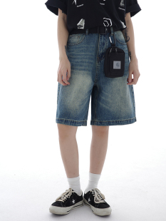 咕噜喔 两色 复古宽松fb风水洗做旧直筒五分牛仔短裤