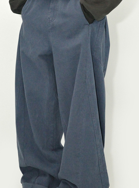 咕噜喔 秋季新款街头复古休闲长裤男女法工蓝阔腿立体分割工装裤