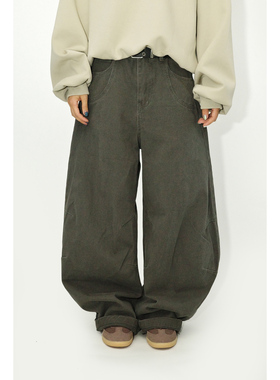 咕噜喔 美式高街水洗复古阔腿休闲宽松深灰色工装长裤弯刀裤男女