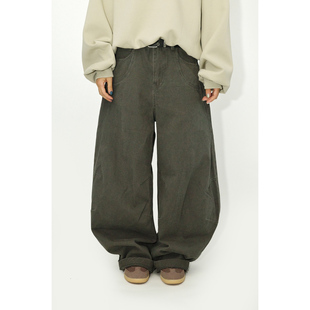 咕噜喔 美式高街水洗复古阔腿休闲宽松深灰色工装长裤弯刀裤男女