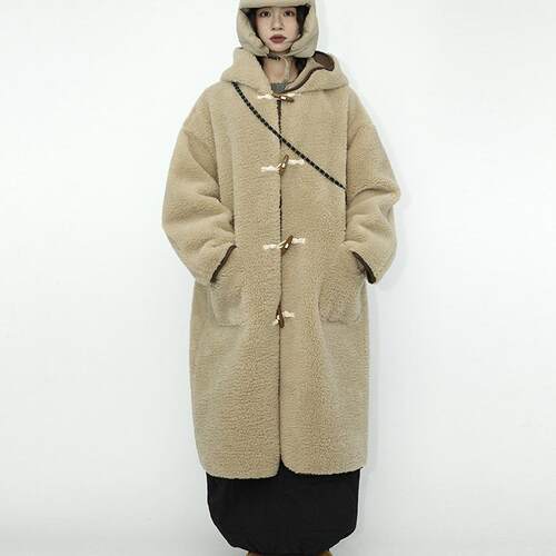 咕噜喔 日系复古宽松户外棉袄加厚牛角扣羊羔绒连帽长款棉服棉衣